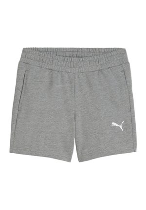 Graue Sportshorts mit elastischem Bund, zwei Seitentaschen und einem weißen Puma-Logo auf der linken unteren Seite. Weiches Material.