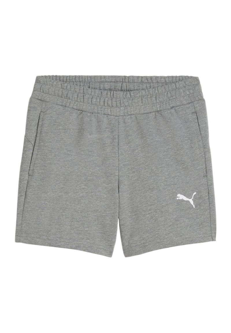 Pantaloni sportivi grigi con cinturino elastico, due tasche laterali e un logo Puma bianco sul lato sinistro in basso. Texture morbida.