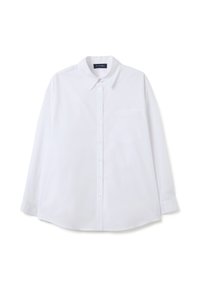 Men's white long-sleeve button-up shirt with pointed collar and chest pocket, laid flat on a white background.