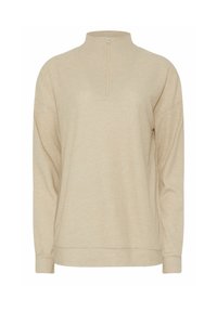 Pullover a coste beige con maniche lunghe e una cerniera anteriore corta che arriva a un colletto alto, vestibilità ampia.