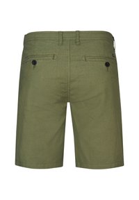 Olive green shorts with a smooth texture, featuring two back pockets with black buttons and a standard waistband design.