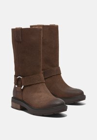 Botas altas de ante marrón hasta la rodilla con punta redonda, una correa de tela alrededor del tobillo y un acento metálico, con un tacón bajo resistente.