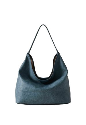 Sac bandoulière en cuir texturé bleu foncé avec une seule sangle large et une structure souple et décontractée sur fond blanc.