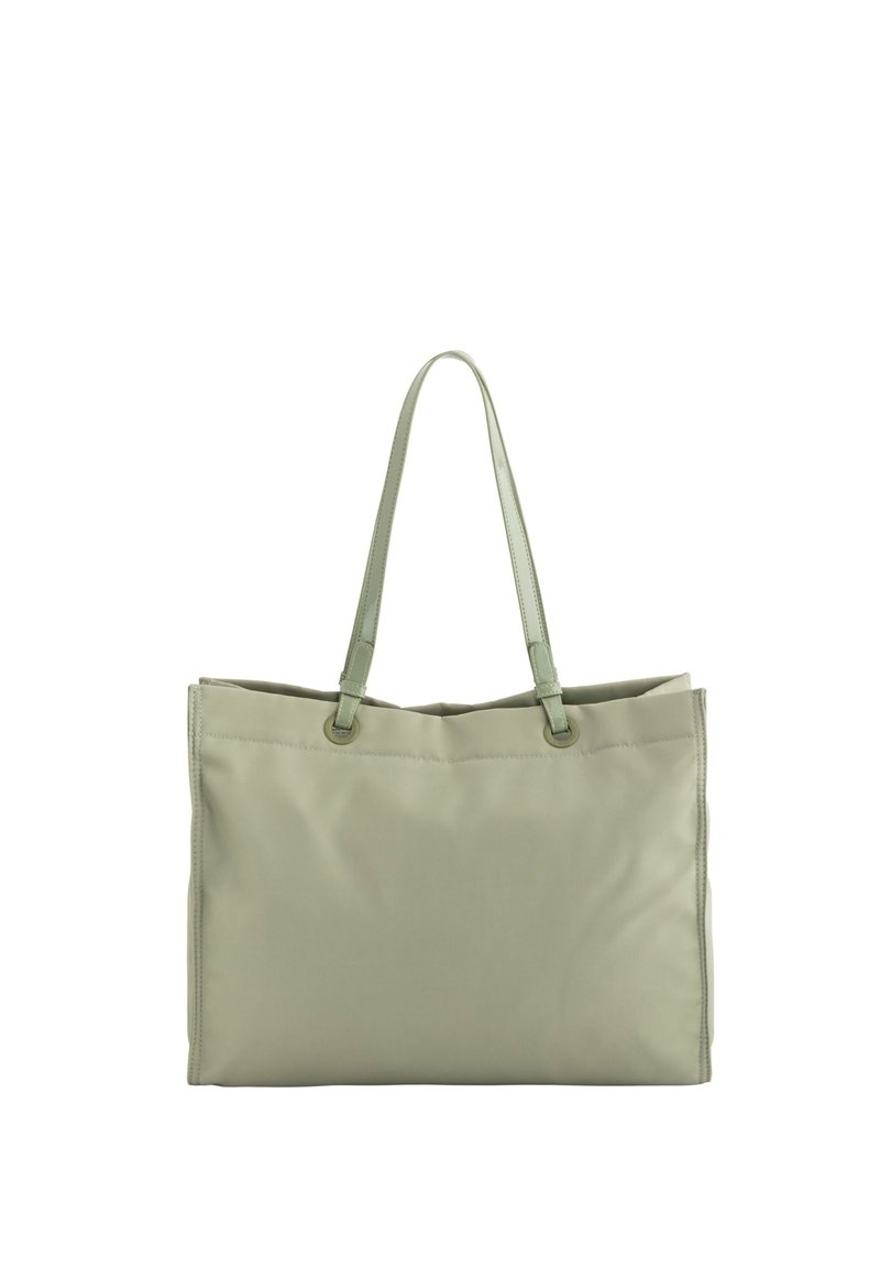 Ljusgrön tote-väska i slätt tyg, med två långa handtag och kontrasterande sömmar längs kanterna. Enkel rektangulär form.