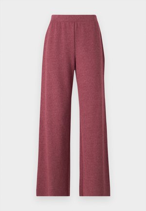 Kirsivärvi laiad püksid, mis on valmistatud pehmest, tekstureeritud kangast, sisaldades elastset vöökoht ja lahtist, voogavat kujundust.