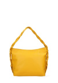 Borsa a mano in pelle gialla con manico intrecciato, caratterizzata da una silhouette semplice e texture liscia. Il design include una chiusura con zip nella parte superiore.