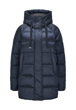 Black padded winter jacket with hood and front zipper, featuring wide quilted sections and black drawstrings on the hood.