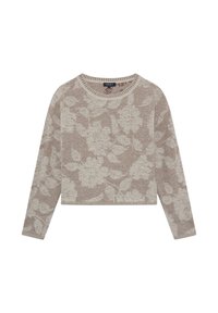 Pull en maille beige à motifs floraux, col rond, manches longues, silhouette courte. Tissu texturé avec un motif subtil sur l'ensemble.
