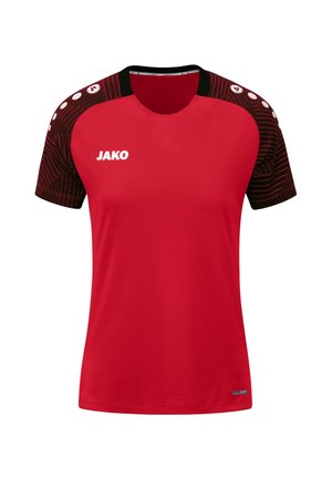 Maglia sportiva rossa a maniche corte, con spalle nere a motivo, e logo "JAKO" bianco sul fronte, caratterizzata da un tessuto texturizzato.