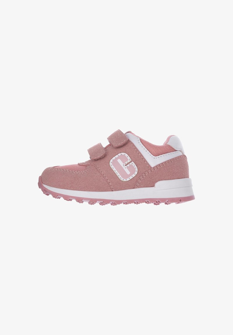 Sneaker sintetiche rosa con una strap in velcro, parte superiore testurizzata, accenti bianchi e suola in gomma con piccoli intagli per una migliore aderenza.