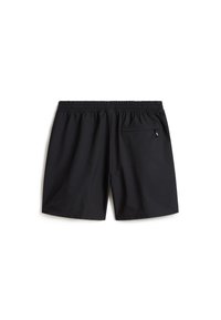 Bañador negro con cintura elástica, que cuenta con un bolsillo trasero con cremallera y un diseño aerodinámico y ligero. Textura suave, corte informal.