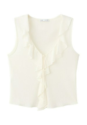 Sleeveless cream blouse with V-neck, front ruffle trim, and a delicate tie closure at the center.