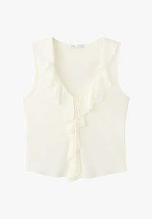 Sleeveless cream blouse with V-neck, front ruffle trim, and a delicate tie closure at the center.