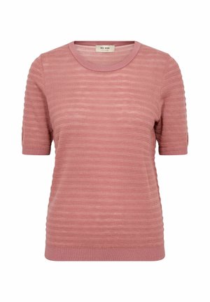 Roze gebreide top met korte mouwen, textuur met horizontale strepen en ronde hals, gemaakt door het merk Mos Mosh.