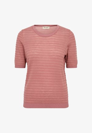 Roze gebreide top met korte mouwen, textuur met horizontale strepen en ronde hals, gemaakt door het merk Mos Mosh.