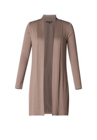 Lange, open voorkardigan gemaakt van zachte, beige stof met lange mouwen en een gladde textuur. Geen sluitingen of versieringen zichtbaar.