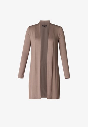 Langer, offener Cardigan aus weichem, beigem Stoff mit langen Ärmeln und glatter Textur. Keine sichtbaren Verschlüsse oder Verzierungen.