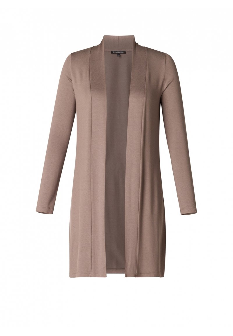 Lange, open voorkardigan gemaakt van zachte, beige stof met lange mouwen en een gladde textuur. Geen sluitingen of versieringen zichtbaar.