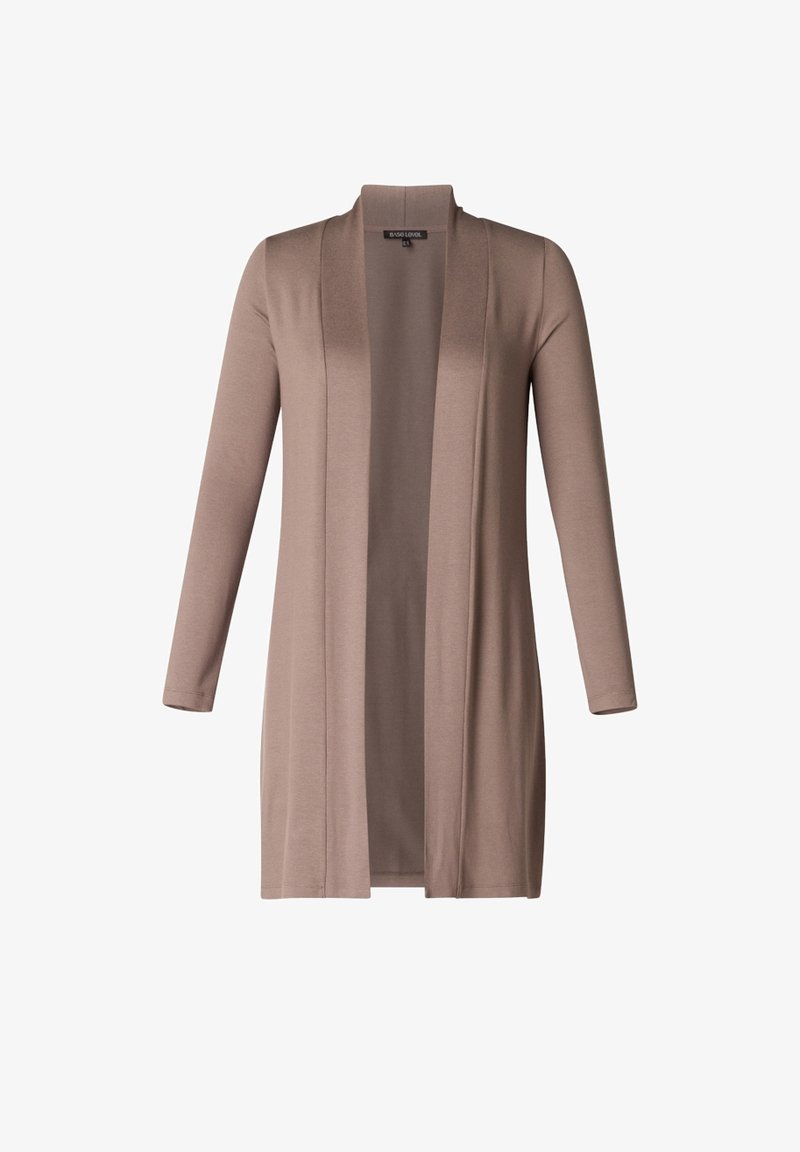 Lange, open voorkardigan gemaakt van zachte, beige stof met lange mouwen en een gladde textuur. Geen sluitingen of versieringen zichtbaar.