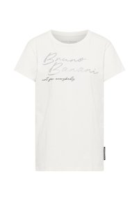 Weißes Baumwoll-T-Shirt mit metallic-silbernem Text "Bruno Banani" und "nicht für jedermann", mit einem klassischen Rundhalsausschnitt und kurzen Ärmeln.