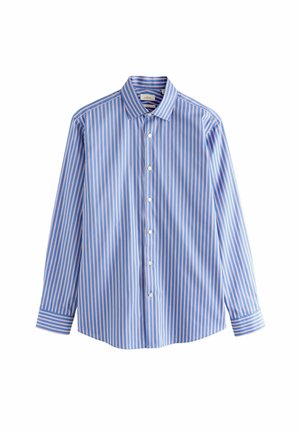 Chemise à manches longues bleu et blanc rayée, avec un col boutonné, présentant des rayures verticales de largeurs variées et des boutons blancs classiques.
