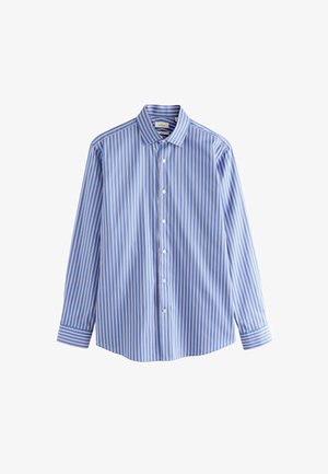 Chemise à manches longues bleu et blanc rayée, avec un col boutonné, présentant des rayures verticales de largeurs variées et des boutons blancs classiques.