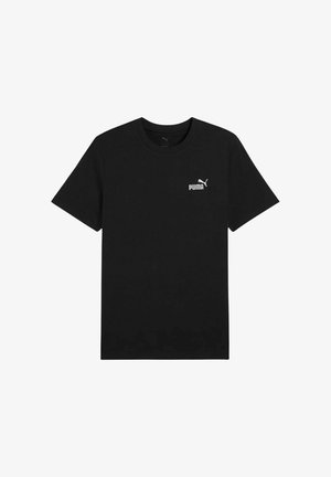 Czarna bawełniana koszulka z okrągłym dekoltem, krótkimi rękawami oraz małym białym logo Pumy po lewej stronie klatki piersiowej. Prosty wzór, bez żadnych nadruków.