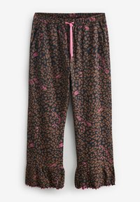 Pantaloni con stampa leopardata in marrone scuro con dettagli rosa. Presentano una cintura elastica con coulisse e orlo arricciato. Texture liscia.