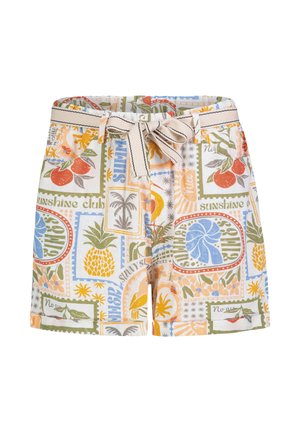 Baumwollshorts mit elastischem Bund und Stoffgürtel, mit bunten tropischen Motiven von Ananas, Orangen, Blättern und dem Schriftzug „sunshine club“.