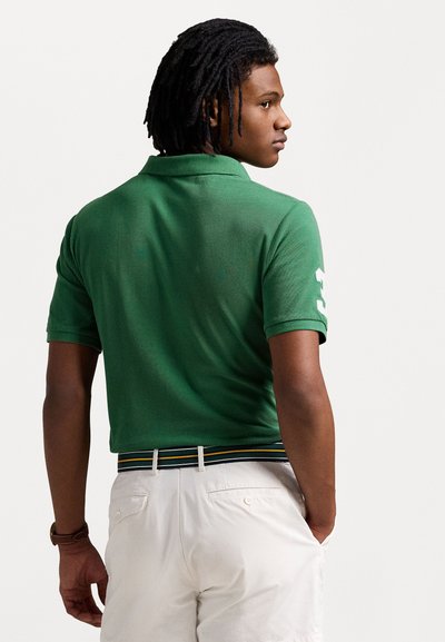 Πράσινο πόλο μπλουζάκι με υφή, που έχει ένα λευκό λογότυπο στο μανίκι. Φοριέται με ανοιχτόχρωμα σορτς και μια πολύχρωμη ριγωτή ζώνη.