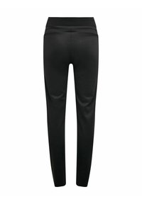 Sorte jogger-buks i blødt materiale med elastisk talje og tætsiddende ben, uden synlige mønstre eller detaljer.
