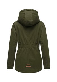 Olive green jacket with a cinched waist, adjustable hood, and ribbed cuffs. Features a smooth texture and decorative patches on the sleeves.