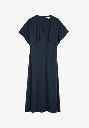 Mørk marineblå midi-kjole med korte flagrende ærmer, V-udskæring, figursyet talje og lynlås bagi.