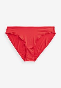Rode bikini broekje gemaakt van glad, rekbaar materiaal. Kenmerkt zich door een lage taille en smalle zijbanden, zonder zichtbare patronen of accenten.