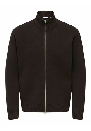 Brown zip-up sweater with a high ribbed collar, knitted texture, and ribbed cuffs and hem. Zipper runs down the center front.