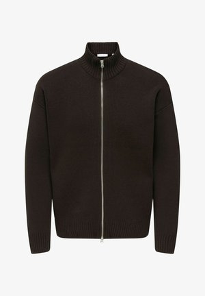 Brown zip-up sweater with a high ribbed collar, knitted texture, and ribbed cuffs and hem. Zipper runs down the center front.