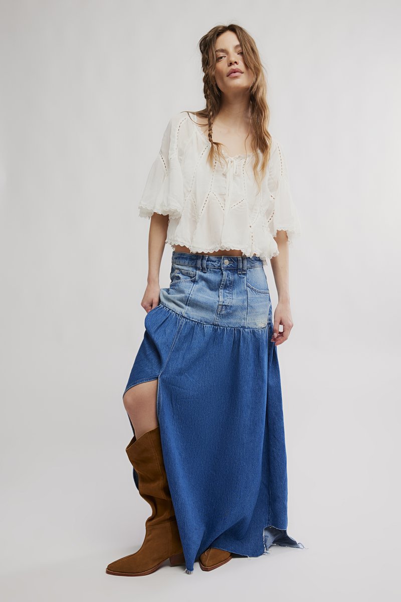 Haut Brodé Bleu Free People - Taille 6 - 100% Coton - Sans Manches - Occasion Très Bon état