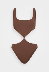Brown one-piece swimsuit with a square neckline and cut-out detail at the waist. Made of textured fabric with wide shoulder straps.