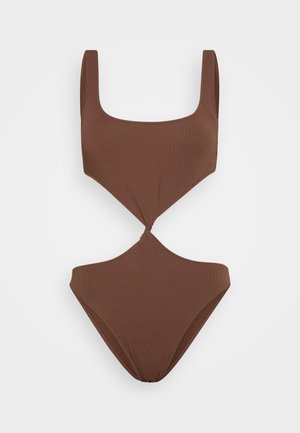 Rjav enodelni kopalniški kostim s kvadratnim izrezom in izrezanimi detajli na pasu. Narejen iz teksturiranega materiala s širokimi naramnicami.