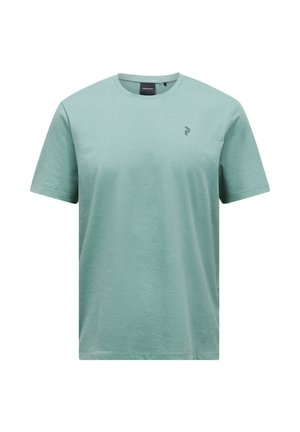 Lysegrøn T-shirt med korte ærmer og rund hals med lille mørkt logo på venstre bryst, ensfarvet design og almindeligt fit.