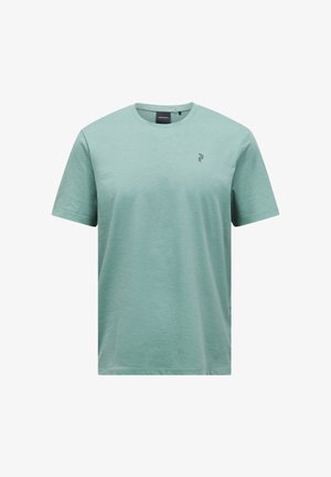 Lysegrøn T-shirt med korte ærmer og rund hals med lille mørkt logo på venstre bryst, ensfarvet design og almindeligt fit.