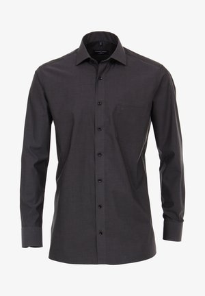 Dunkelgraues Langarmshirt aus leichtem Stoff mit Button-Down-Kragen, Fronttasche und schwarzen Knöpfen. Glatte Textur.