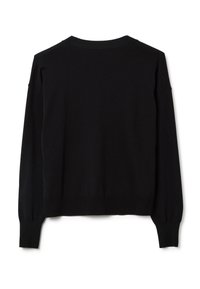 Schwarzer Pullover mit langen Ärmeln, Rundhalskragen, gerippten Bündchen und Saum. Glatte Textur, einfaches Design, keine sichtbaren Muster oder Akzente.