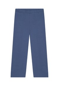 Blauwe katoenen broek met een recht gesneden ontwerp. Heeft een elastische tailleband en een gladde, zachte textuur zonder patronen of extra details.