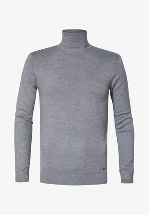 Harmaa poolopaita pehmeää neulosta, jossa on pitkät hihat sekä ribbaus hihansuissa ja helmassa. Yksinkertainen, yhtenäinen väri ilman kuvioita tai yksityiskohtia.