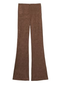 Pantalon marron taille haute avec un motif texturé subtil et jambes larges évasées, présenté sur fond blanc.