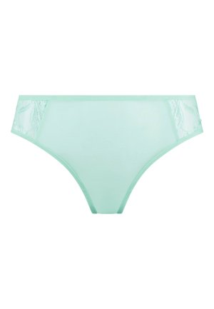 Mint green underwear with a smooth front and lace accents on the sides. Lightweight fabric and seamless design for comfort.