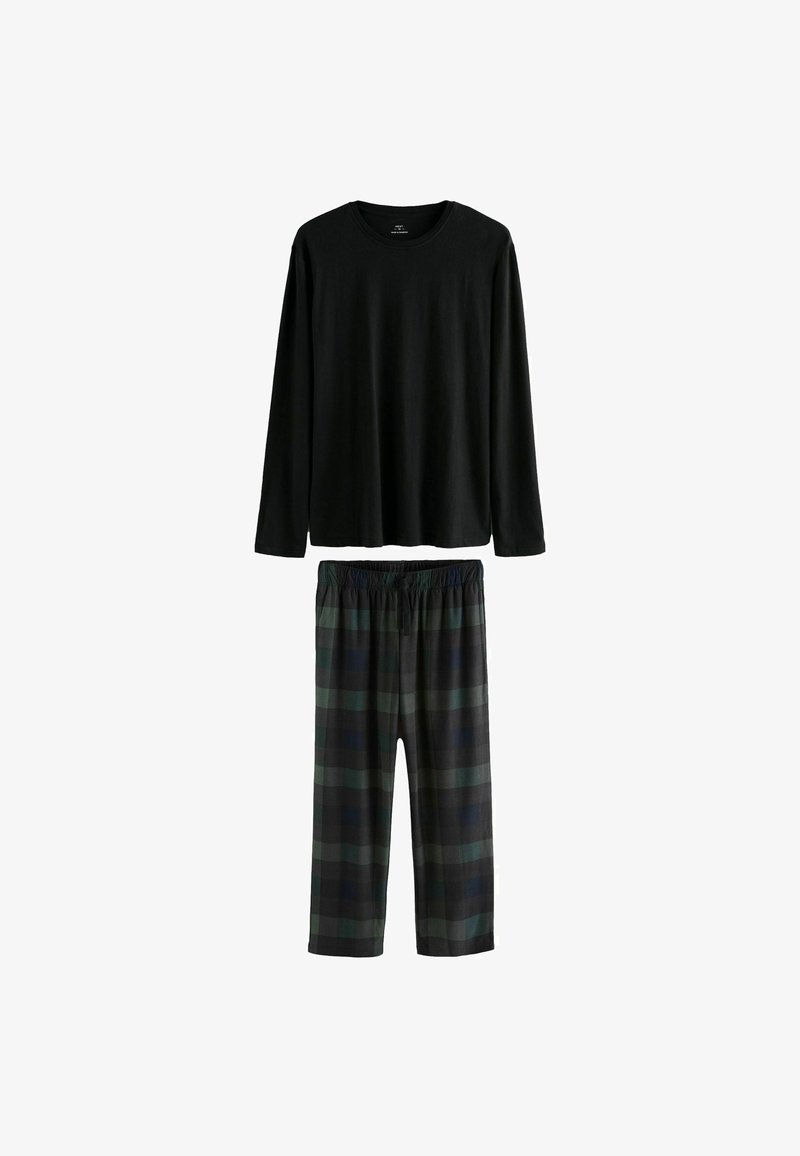 Top lung cu manșon lung, de culoare neagră, asortat cu pantaloni cu un model tartan în nuanțe de verde închis și gri, având un tiv elastic și o croială lejeră.