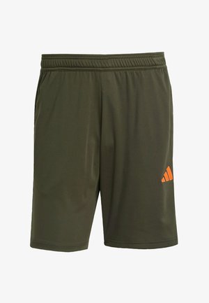 Olivnozeleni športni šort s elastičnim pasom, ki ima na spodnjem desnem delu oranžno Adidas logo. Gladek, lahek material.