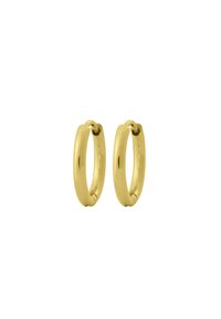 Goldene Creolen mit einem glatten, runden Design, das eine polierte Oberfläche und einen Scharnierverschluss für sicheren Sitz aufweist.